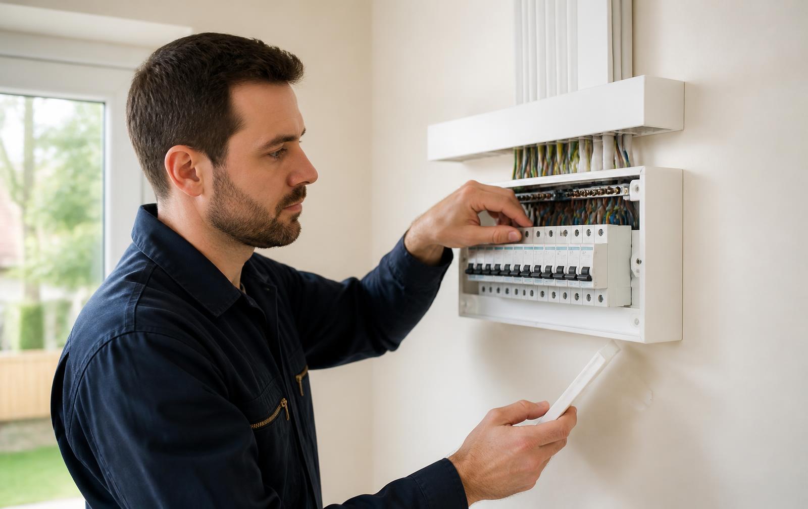 Electrician installing a consumer unit in a Reading home